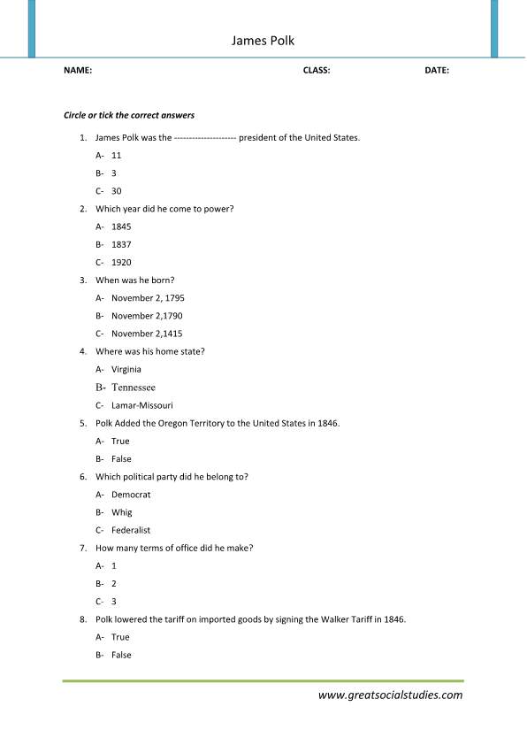 James Polk facts, James Polk, super teacher worksheets | GREAT SOCIAL